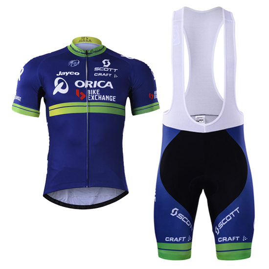 ORICA bike Exchange Kurzarmtrikot 2017 und Kurze Tragerhose blau